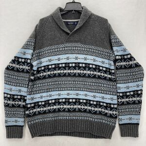 Nautica XL Gray Blue Fair Isle Shawl Collar Pullover Sweater Wool Blend Nordic‎